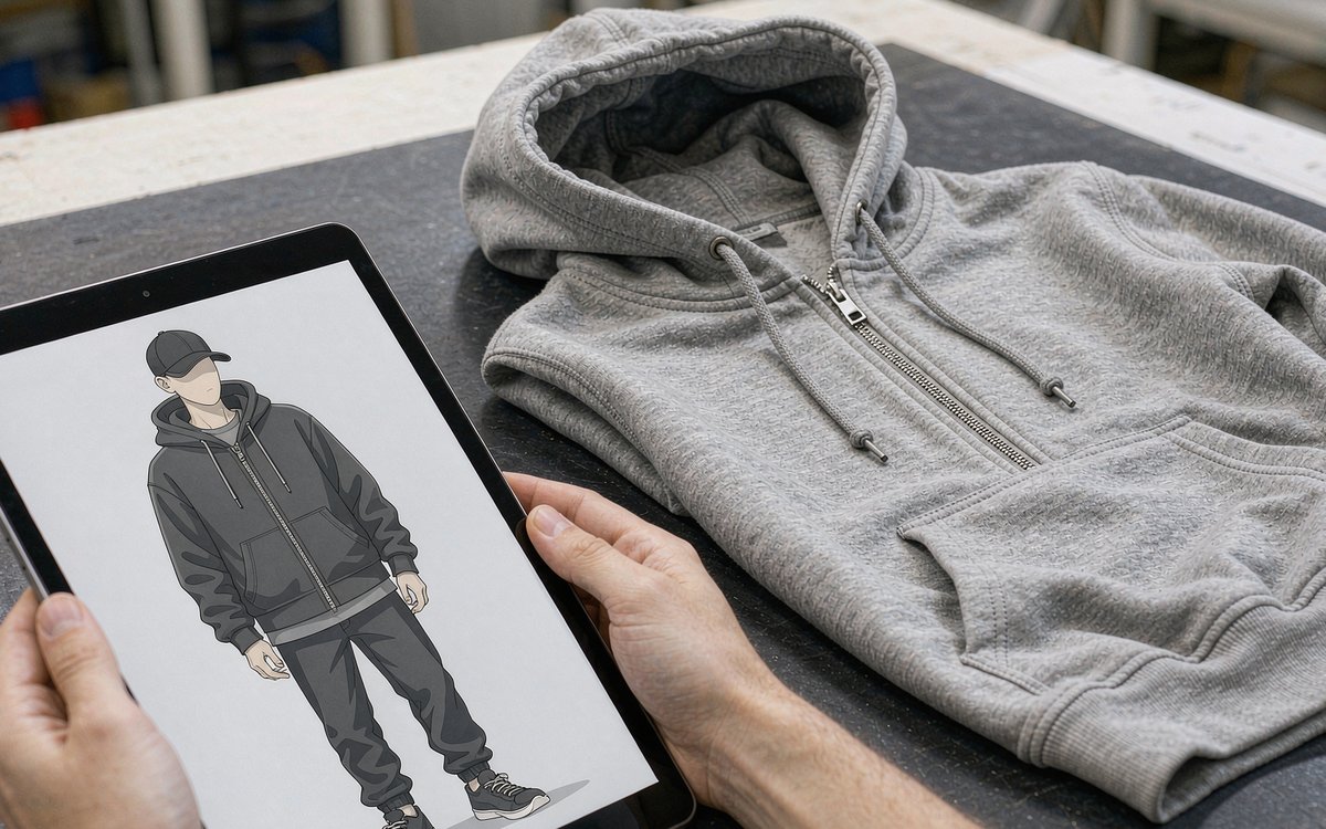 Hands comparing a real sewn hoodie sample against an AI-generated concept image on a tablet