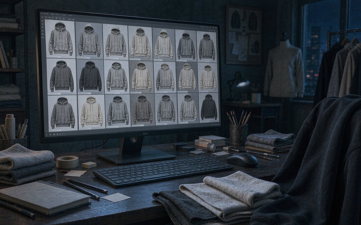 A designer's monitor showing AI-generated streetwear hoodie concepts next to physical fabric swatches on the desk
