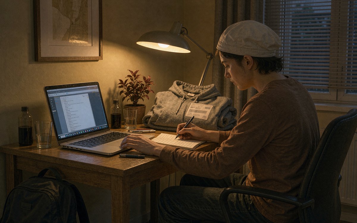 A founder reviewing customer messages and return requests on a laptop next to a returned garment