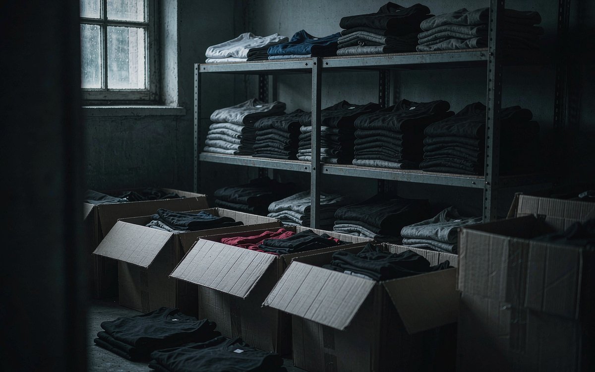 Stacks of unsold folded t-shirts and hoodies in cardboard boxes in a small storage room