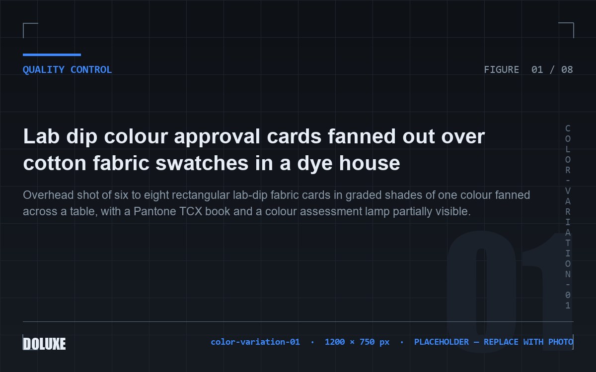 Lab dip colour approval cards fanned out over cotton fabric swatches in a dye house