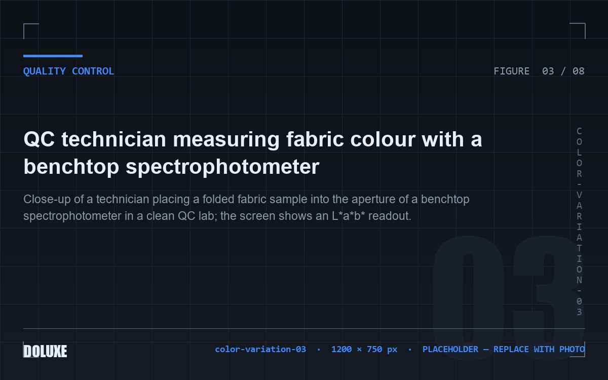 QC technician measuring fabric colour with a benchtop spectrophotometer