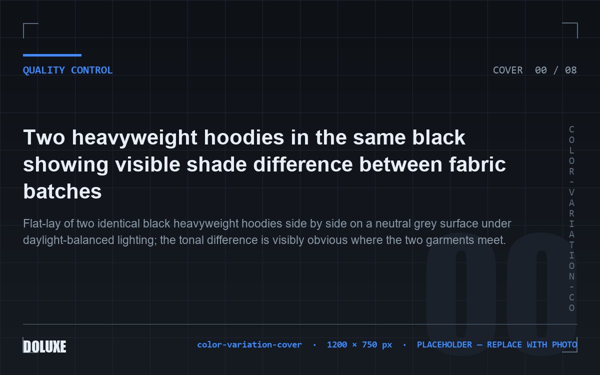 Two heavyweight hoodies in the same black showing visible shade difference between fabric batches