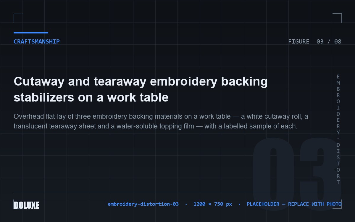 Cutaway and tearaway embroidery backing stabilizers on a work table
