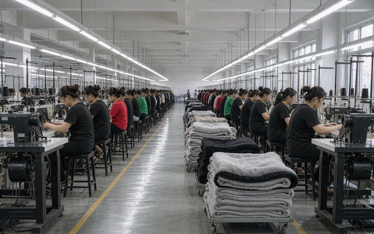 Industrial sewing machines in rows at a garment factory with operators at work