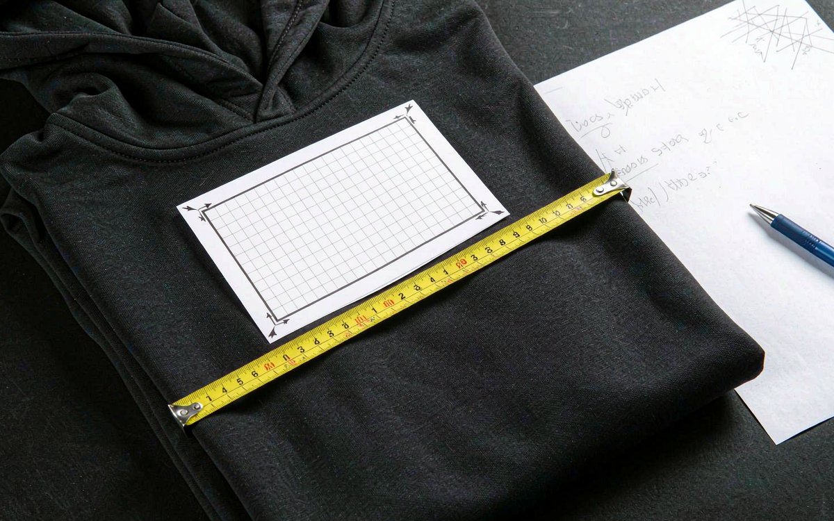 A detailed size specification sheet and measuring tape on top of a folded hoodie during a sample review