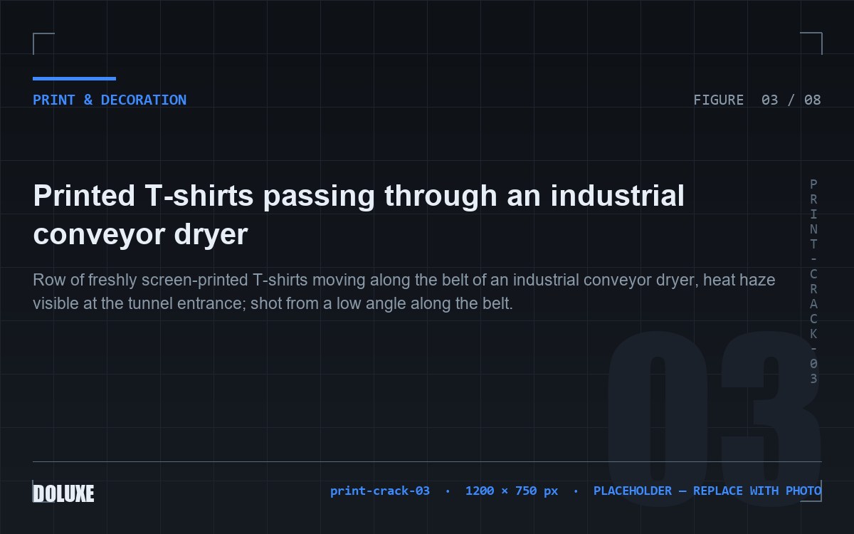 Printed T-shirts passing through an industrial conveyor dryer