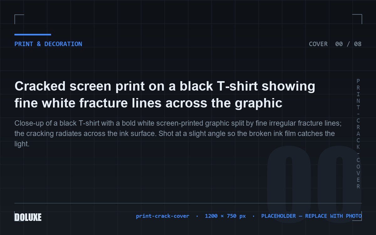 Cracked screen print on a black T-shirt showing fine white fracture lines across the graphic
