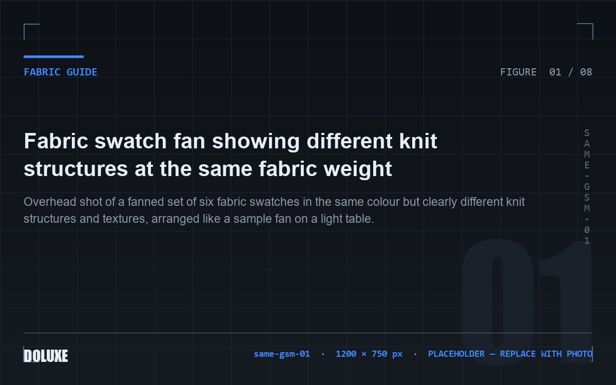 Fabric swatch fan showing different knit structures at the same fabric weight