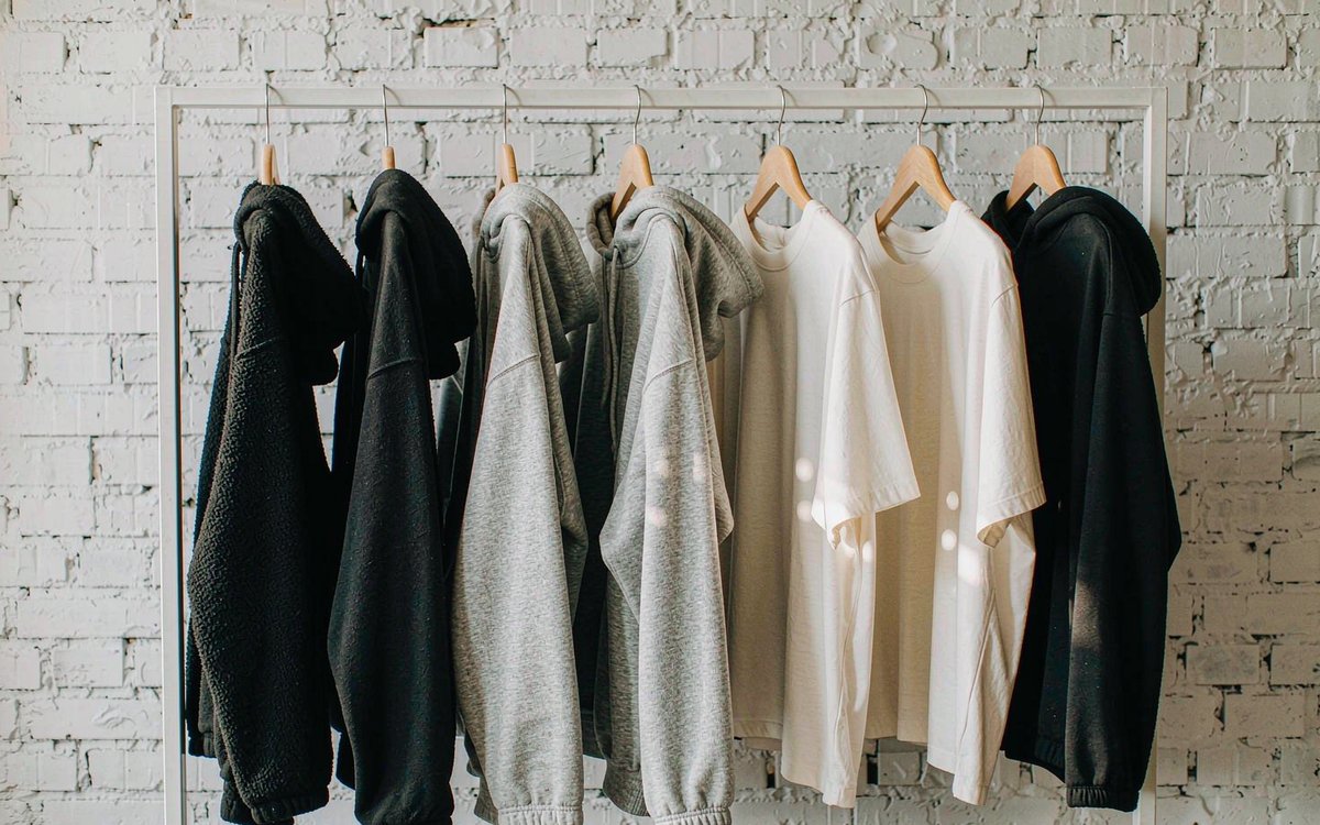A small first collection of blank heavyweight hoodies and t-shirts hanging on a clothing rail