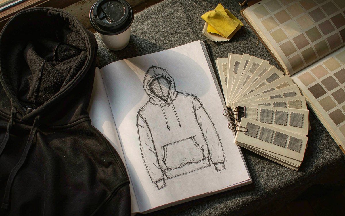 Streetwear design workspace with a sketchbook, fabric swatches and a hoodie being planned for a new clothing brand