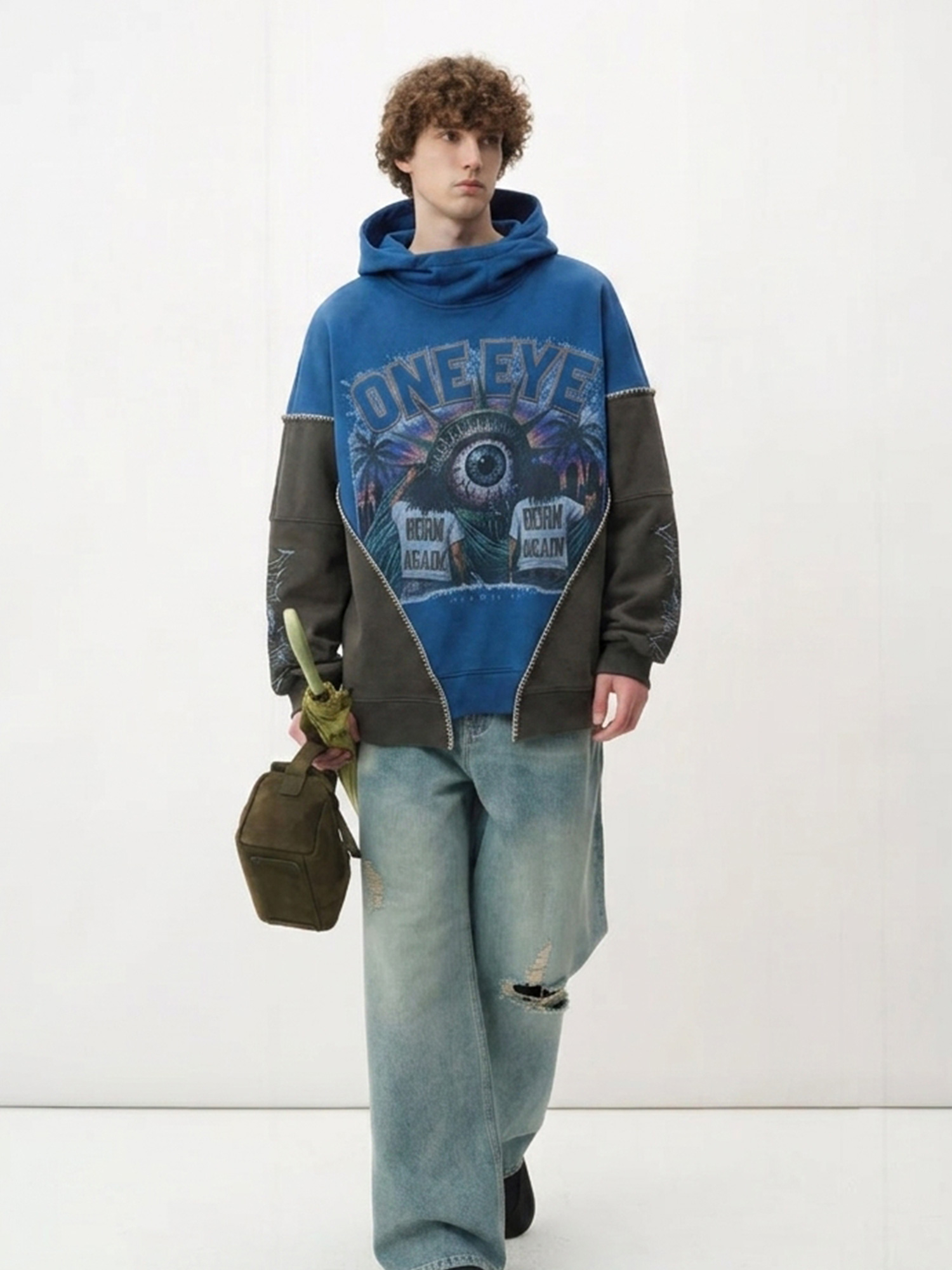 Printed Asymmetric Color-Block Hoodie