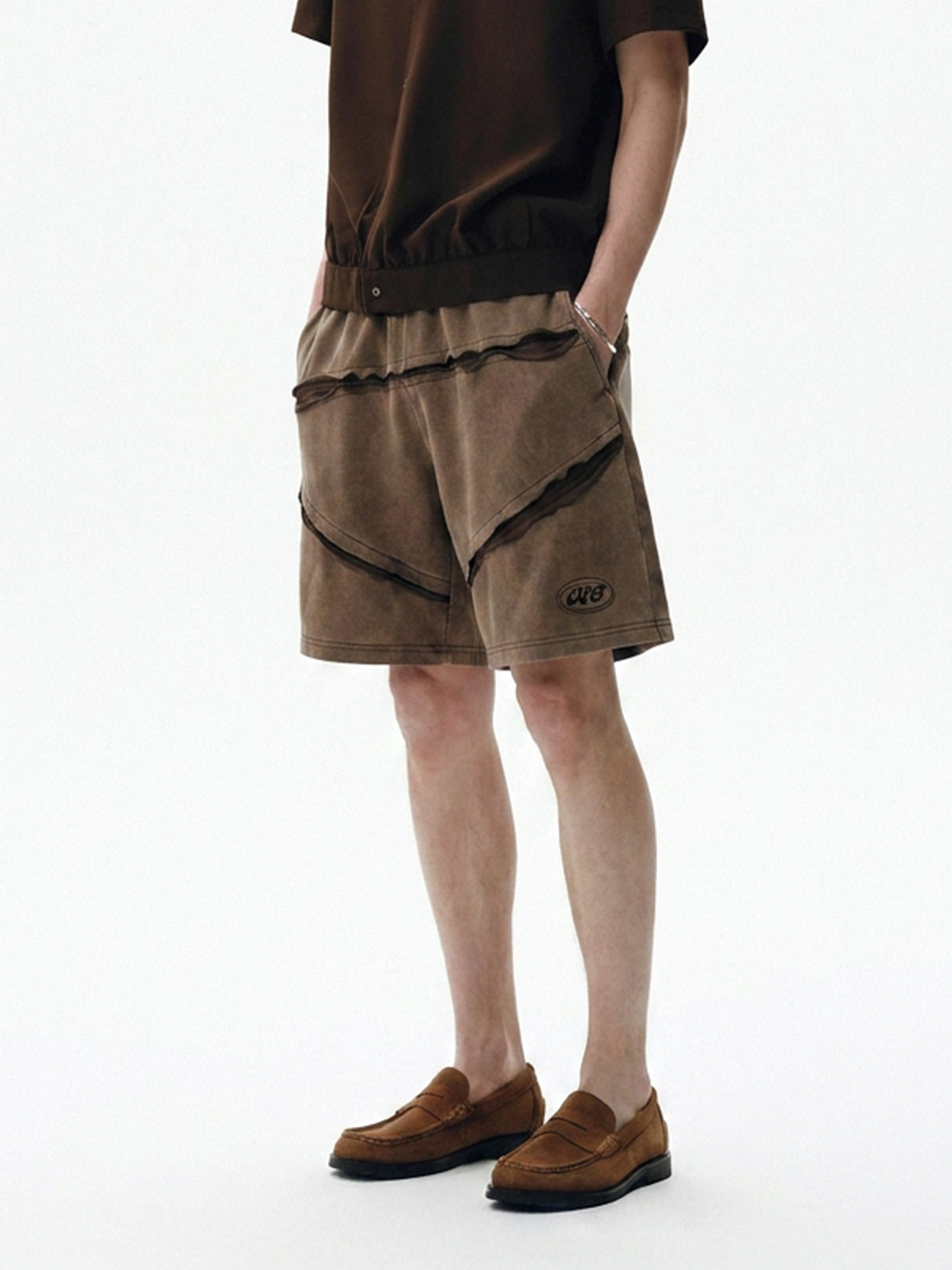 Garment-Washed Color-Block Shorts