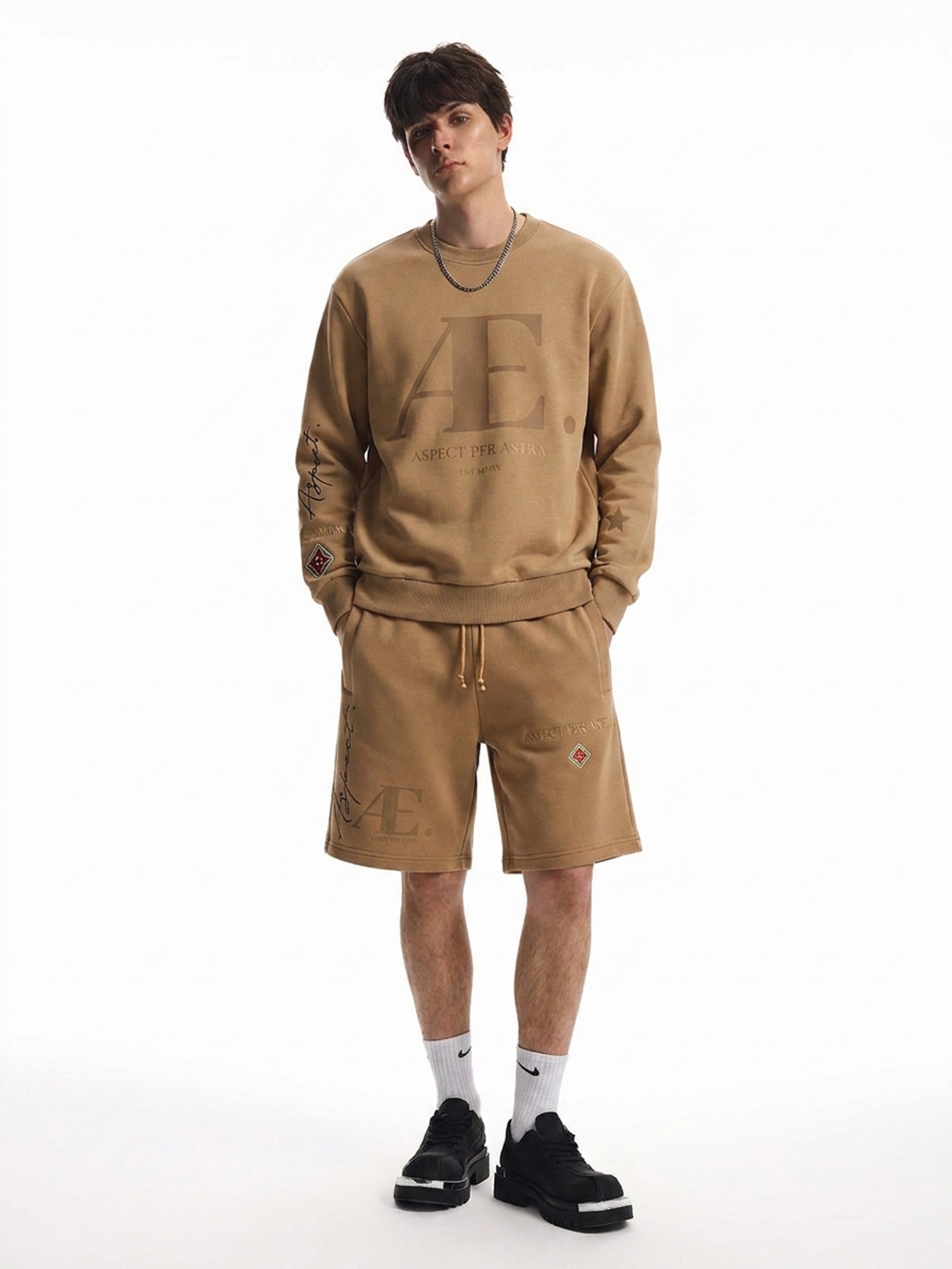 Printed & Embroidered Sweatshirt + Shorts Set