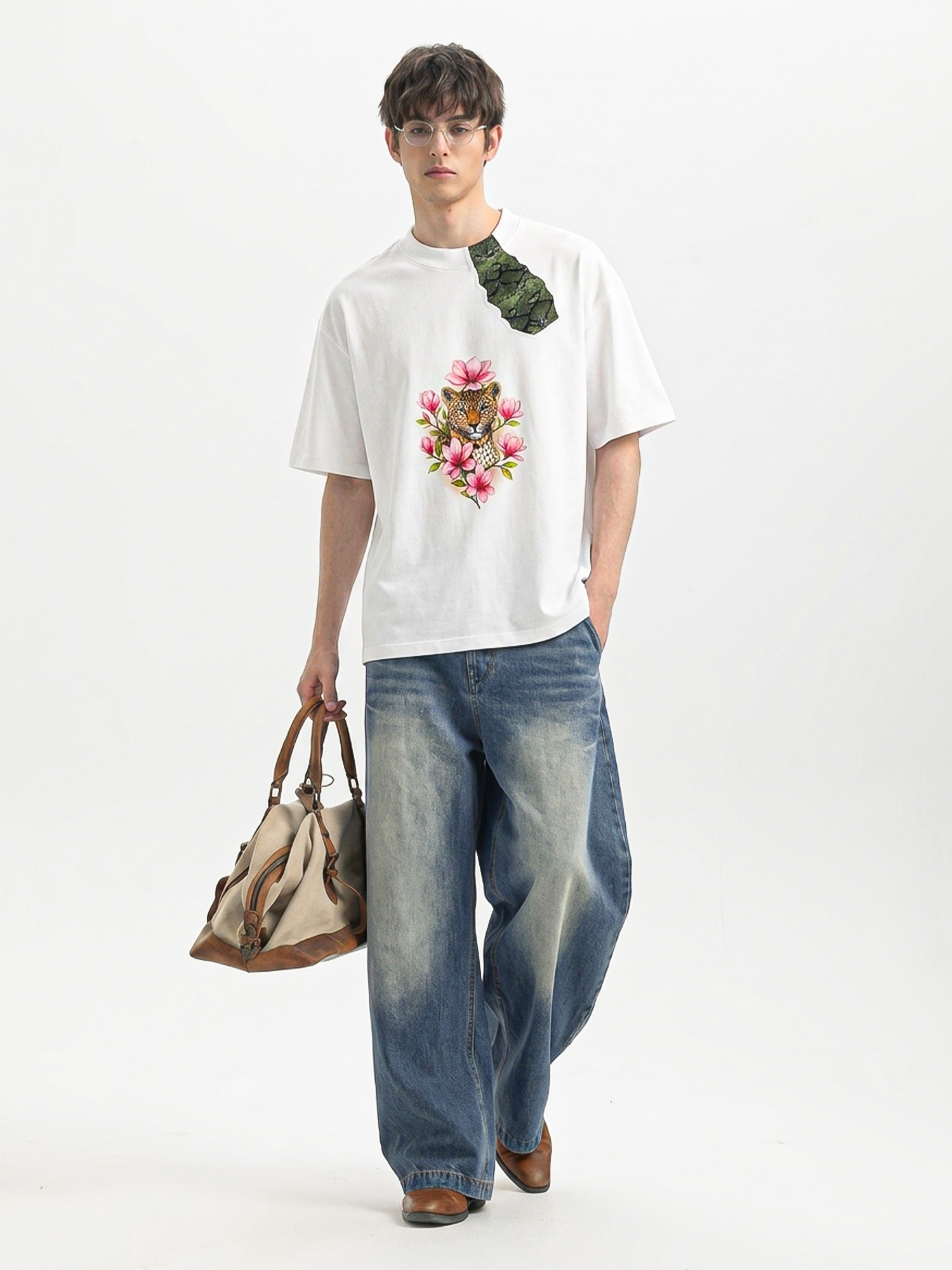 3D Embroidered Leather-Panel Tee