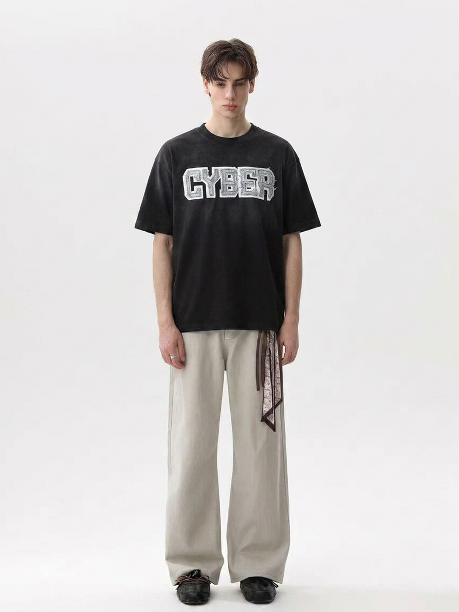 Appliqué-Embroidered Acid-Wash Tee
