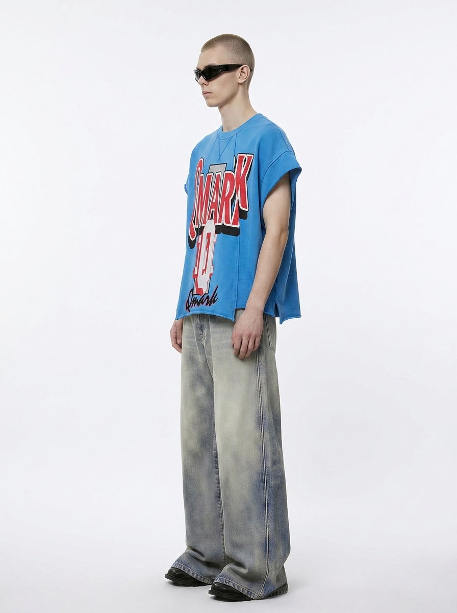 Color-Block Printed Asymmetric Sleeveless Tee