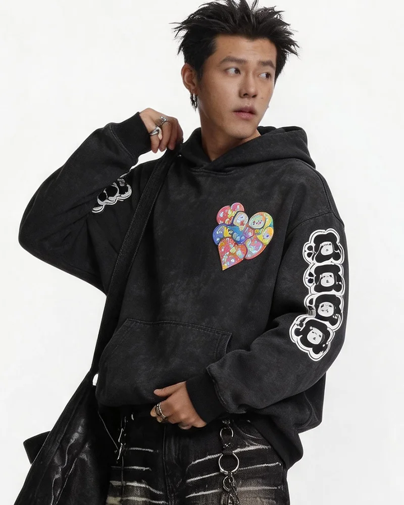 Acid Wash Print Applique Hoodie