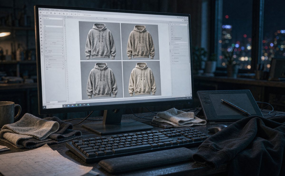 A designer's monitor showing four AI-generated hoodie concepts beside physical fleece swatches and a real garment sleeve on the desk