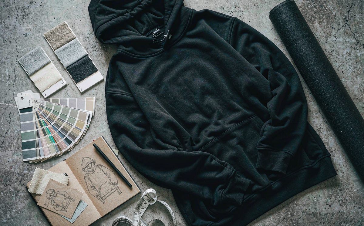 Flat-lay of a heavyweight black hoodie on a worktable with fabric swatches, a colour fan, a sketched tech drawing and a measuring tape — the physical inputs of a first brand launch