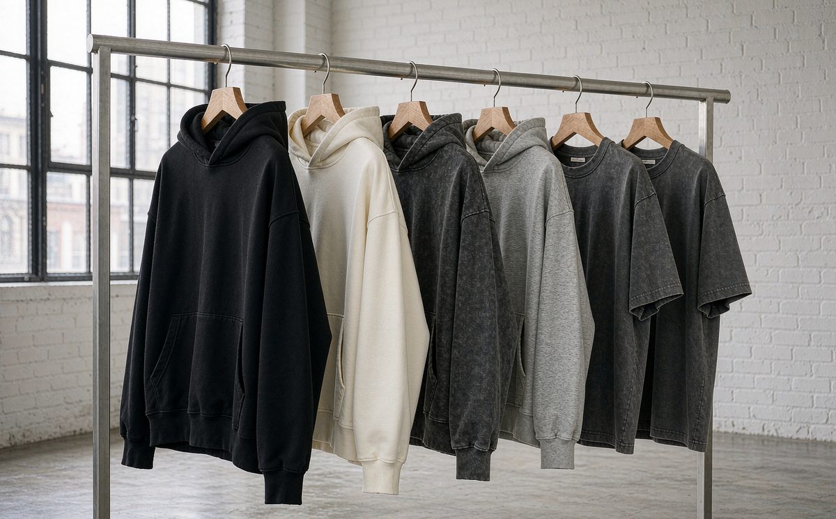 A rail of heavyweight streetwear hoodies and T-shirts in black, ecru and washed grey on wooden hangers in a minimalist showroom