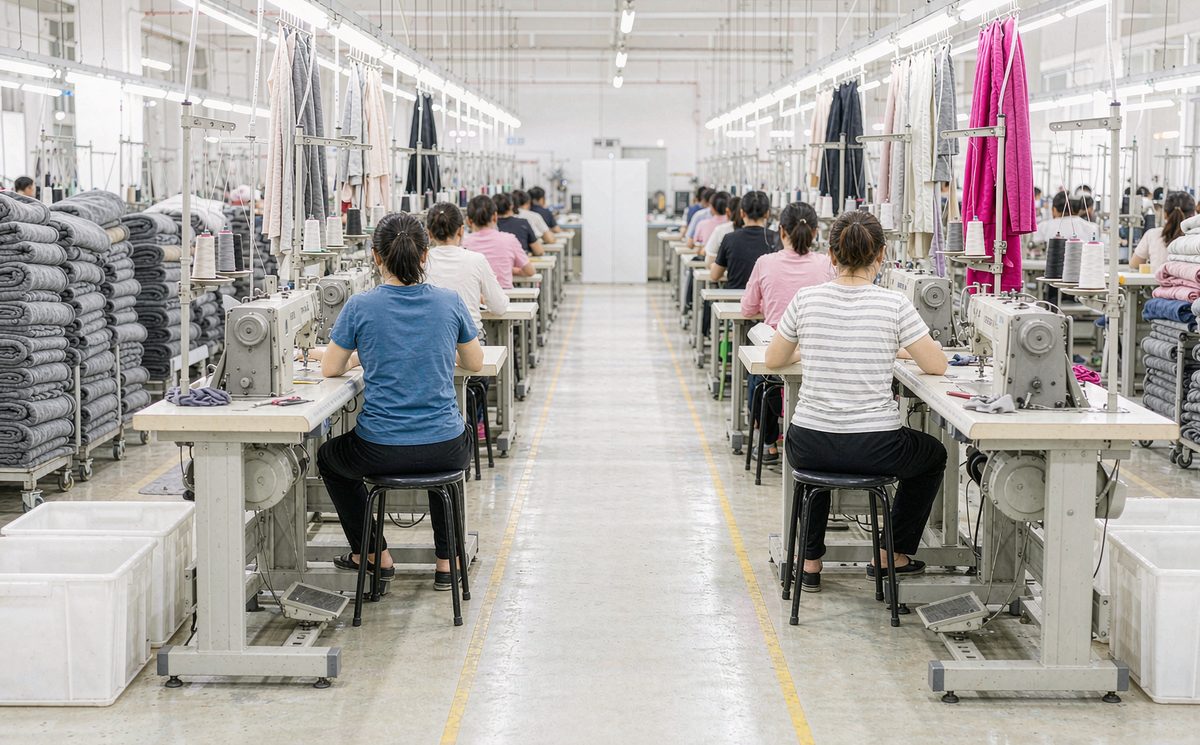 Rows of industrial sewing machines with operators at work and bundles of fleece fabric on carts in a bright garment factory