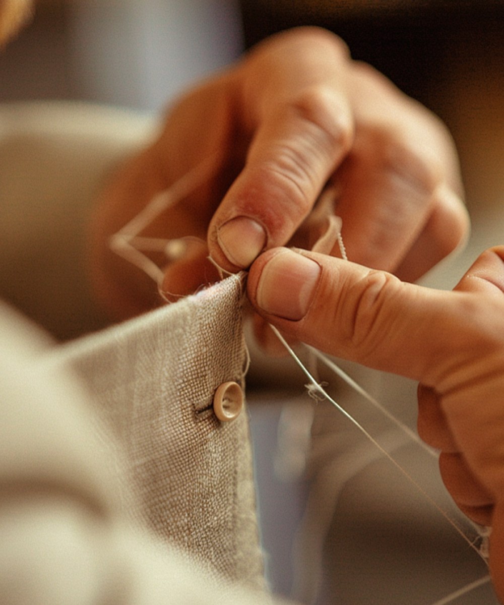 Hands working with fabric and button for garment materials